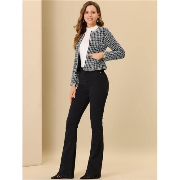 COPY - Women's Plaid Tweed Blazer: Long Sleeve Open Front Office Jacket - Picture 2 of 7